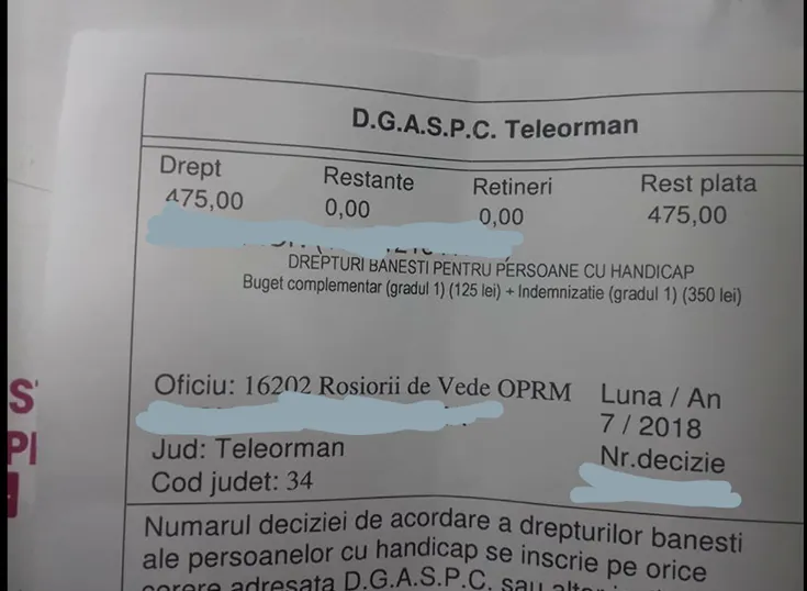 UNIC ÎN ROMÂNIA: Județul Teleorman n-a mai avut bani pentru plata integrală a indemnizațiilor persoanelor cu handicap grav