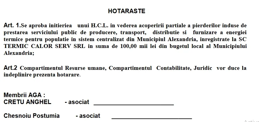Încă 100,00 mii lei din bugetul local al Alexandriei se duc pe apa... SC Termic Calor Serv SRL