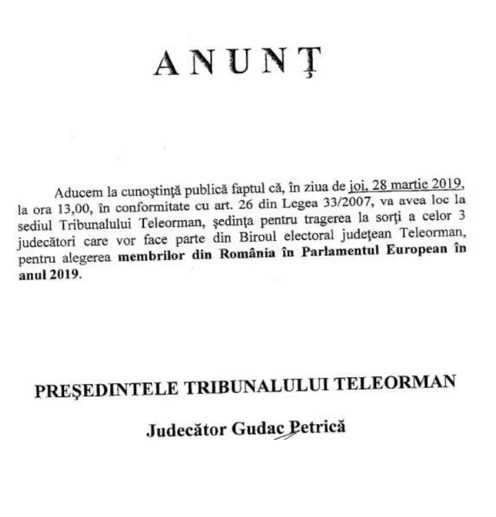 Se extrag judecătorii pentru BEJ Teleorman la alegerile europarlamentare