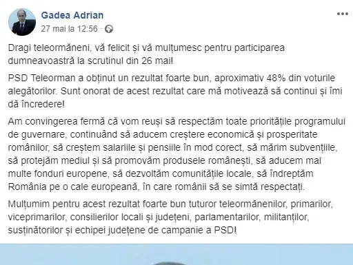 Secretarul de stat, Adrian Gâdea, le mulțumește teleormănenilor pentru "rezultatul foarte bun" al PSD