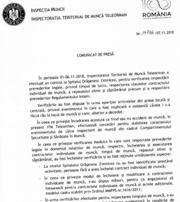 Ce a găsit ITM Teleorman la Spitalul Zimnicea, după moartea asistentei Carmen Vătafu