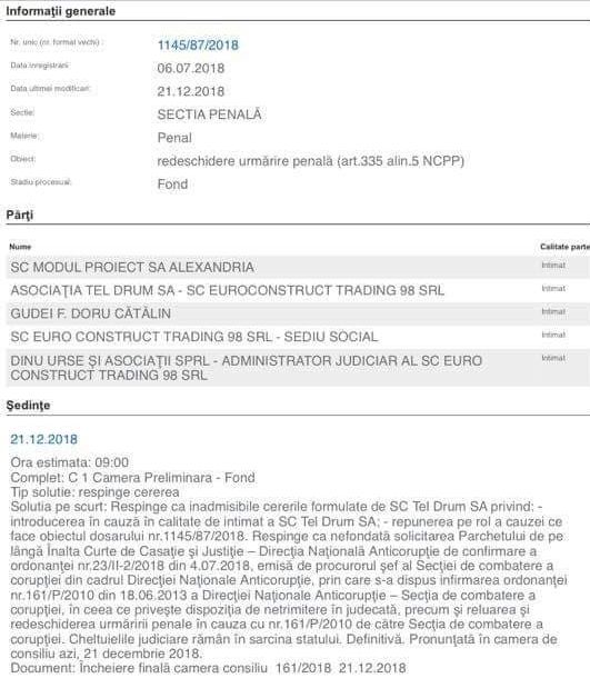 Judecătoarea Violeta Maidanuc a decis: Dosarul TelDrum nu se redeschide