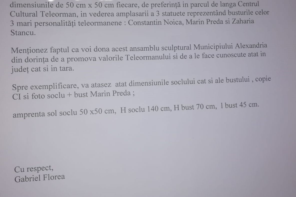 Un om de afaceri teleormănean donează Alexandriei busturile lui Noica, Preda și Stancu
