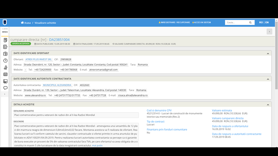 Primăria Alexandria cumpără plăci comemorative la 4.100 lei/bucata