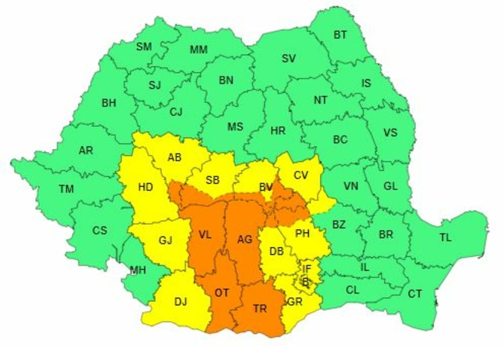ANM: COD PORTOCALIU DE PLOI ȘI GRINDINĂ, LUNI, ÎN NOUĂ JUDEȚE